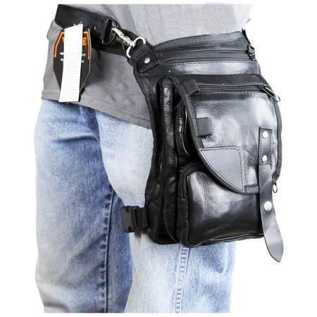Vance VA565 Men and Women Black Leather Multi-Function Concealed Carry Biker Motorcycle Drop Leg Fanny Pack Thigh Bag