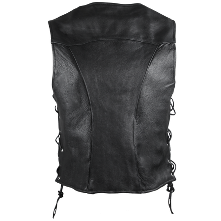 High Mileage HML1040 Womens Black Premium Cowhide Lace Side Biker Leather Vest - Back