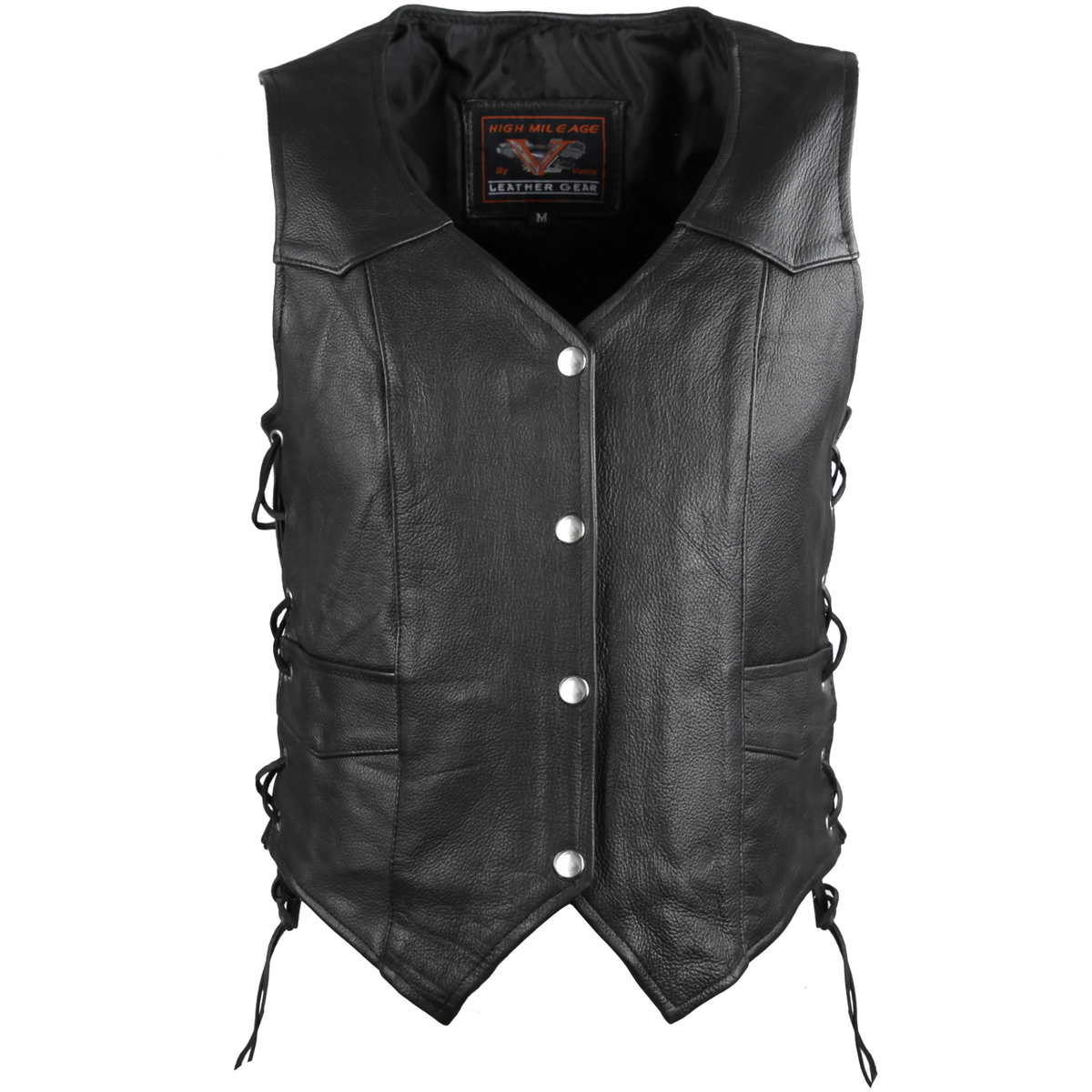 High Mileage HML1040 Womens Black Premium Cowhide Lace Side Biker Leather Vest - Front