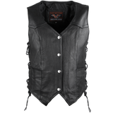 High Mileage HML1040 Womens Black Premium Cowhide Lace Side Biker Leather Vest - Front