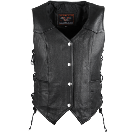 High Mileage HML1040 Womens Black Premium Cowhide Lace Side Biker Leather Vest - Front