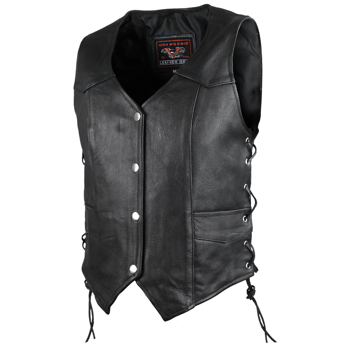 High Mileage HML1040 Womens Black Premium Cowhide Lace Side Biker Leather Vest - side