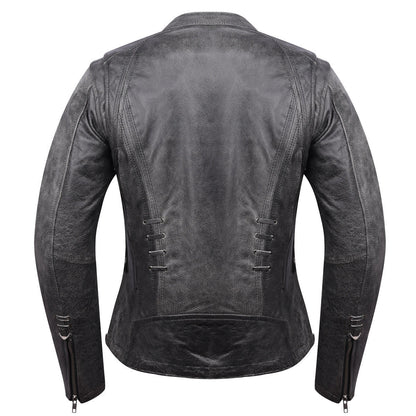 High Mileage HML638DG Women's Lace and Grommet Detail Distressed Gray Goat Skin Leather Lady Biker Motorcycle Fashion Jacket - Back View