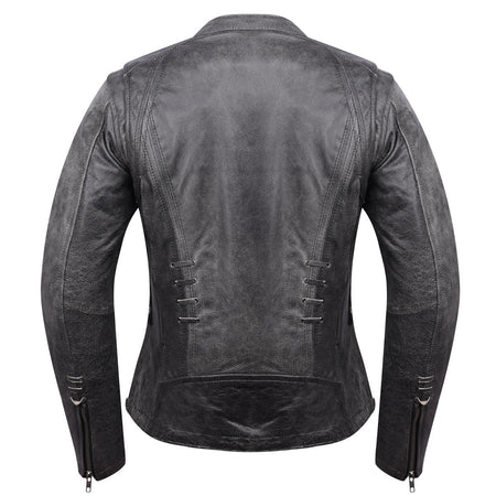 High Mileage HML638DG Women's Lace and Grommet Detail Distressed Gray Goat Skin Leather Lady Biker Motorcycle Fashion Jacket - Back View