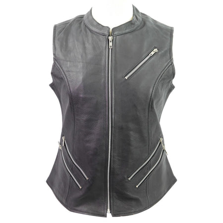 Vance VL1028 Womens Black Zipper Closure and Zipper Pocket Lady Biker Motorcycle Leather Vest - Front View