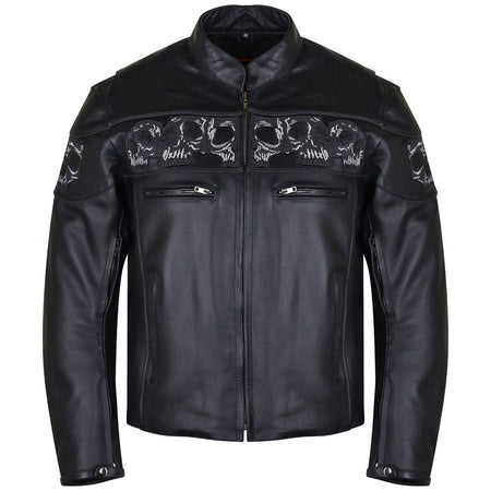 Vance VL535S Men's Black Reflective Skull Leather Biker Motorcycle Riding Jacket