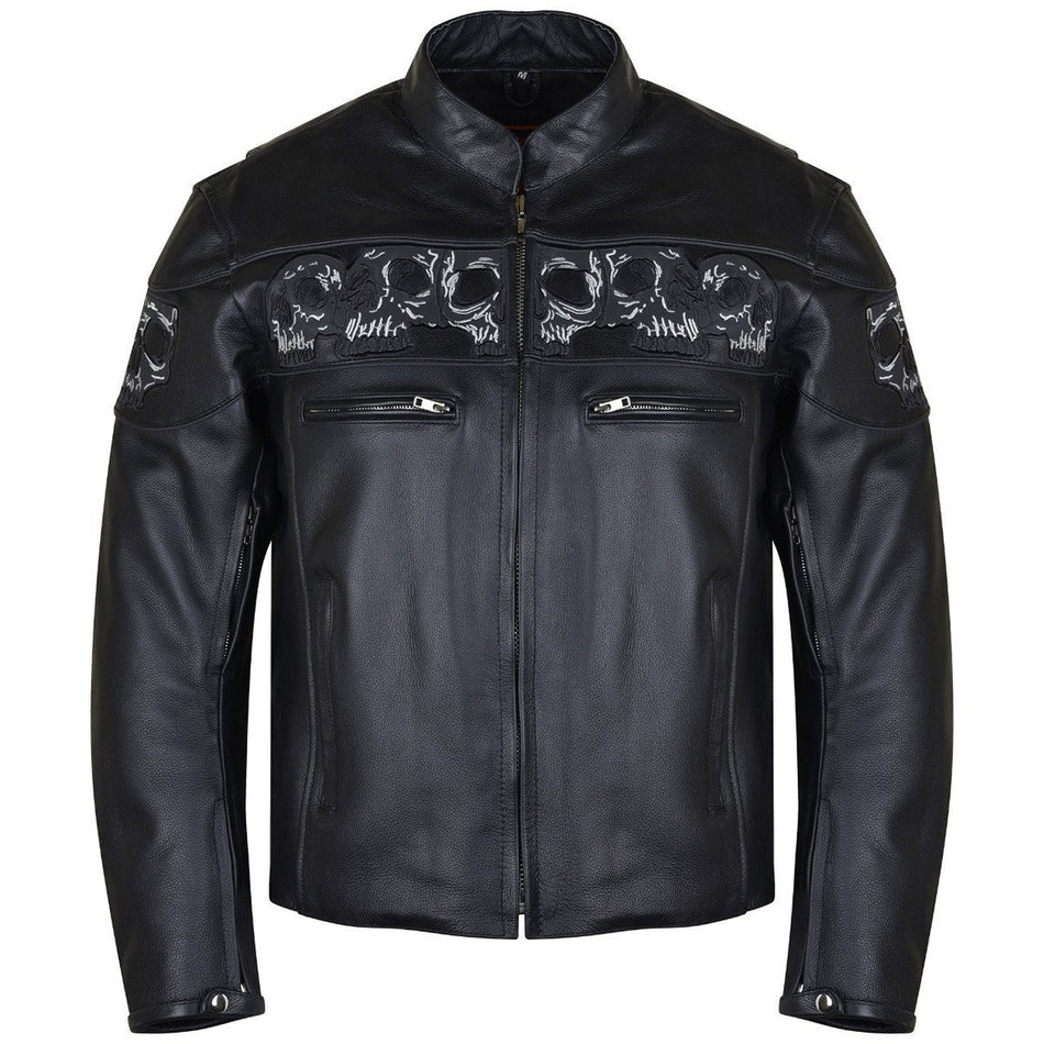 Vance VL535S Men's Black Reflective Skull Leather Biker Motorcycle Riding Jacket