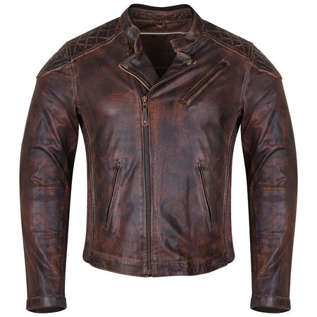 High Mileage HMM521VB Men's Vintage Brown Premium Cowhide Diamond Quilted Shoulder Leather Biker Motorcycle Riding Jacket