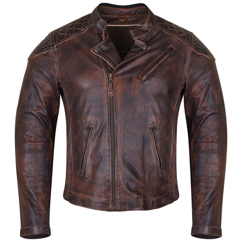 High Mileage HMM521VB Men's Vintage Brown Premium Cowhide Diamond Quilted Shoulder Leather Biker Motorcycle Riding Jacket