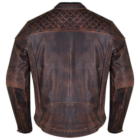 High Mileage HMM521VB Men's Vintage Brown Premium Cowhide Diamond Quilted Shoulder Leather Biker Motorcycle Riding Jacket - Back View