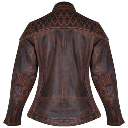 High Mileage HML621VB Women's Vintage Brown Lady Biker Motorcycle Riding Leather Jacket With Diamond Stitched Shoulders - Back View