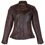High Mileage HML621VB Women's Vintage Brown Lady Biker Motorcycle Riding Leather Jacket With Diamond Stitched Shoulders
