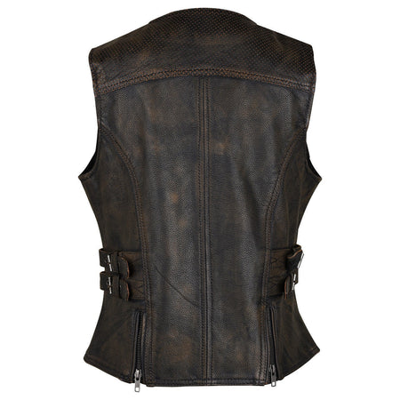 High Mileage HML1037DB Womens Distressed Brown Premium Cowhide Biker Motorcycle Leather Vest With Buckles back