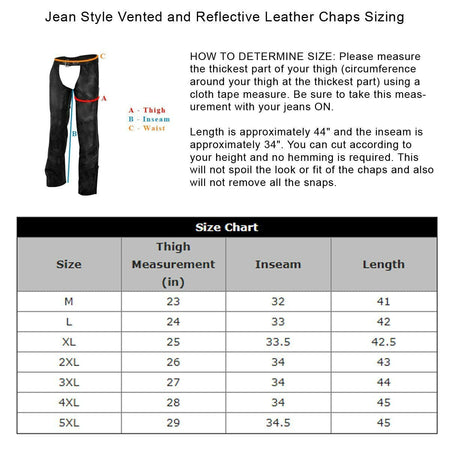 Vance Leather VL803 S Mens Black Reflective and Vented Premium Cowhide Leather Biker Motorcycle Riding Chaps - Size Chart