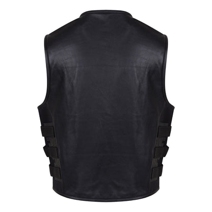 Vance VL904 Mens Black SWAT Team Style Premium Cowhide Biker Motorcycle Leather Vest - Back View
