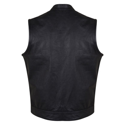 Vance VL914 Men's Black Premium Cowhide Zipper and Snap Closure Concealed Carry SOA Style Leather Biker Motorcycle Vest - Back View