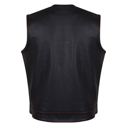 HMM919R Mens Black Premium Cowhide Leather SOA Style Club Vest With Quick Access Conceal Carry Pocket and Red Liner - Back View