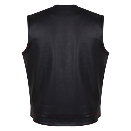 HMM919R Mens Black Premium Cowhide Leather SOA Style Club Vest With Quick Access Conceal Carry Pocket and Red Liner - Back View
