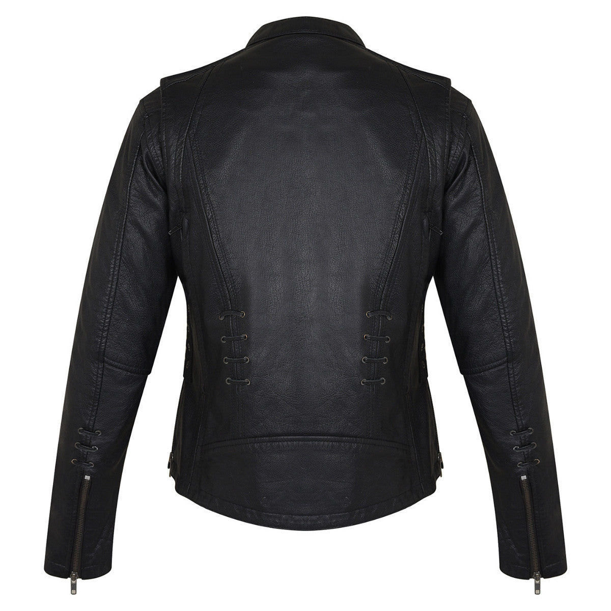 High Mileage HML638B Women's Lace and Grommet Detail Black Goatskin Leather Lady Biker Motorcycle Fashion Jacket - Rear View