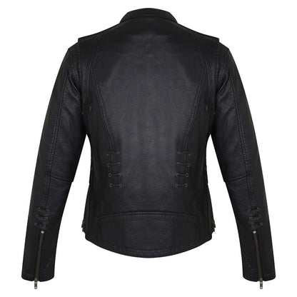 High Mileage HML638B Women's Lace and Grommet Detail Black Goatskin Leather Lady Biker Motorcycle Fashion Jacket - Rear View