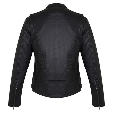 High Mileage HML638B Women's Lace and Grommet Detail Black Goatskin Leather Lady Biker Motorcycle Fashion Jacket - Rear View