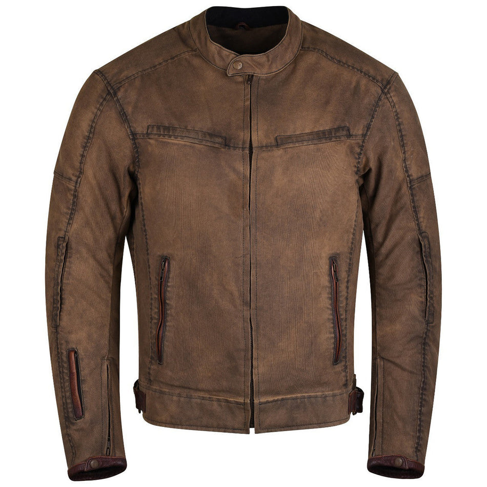 Mens Brown Waxed Cotton Cafe Style Scooter Motorcycle Jacket