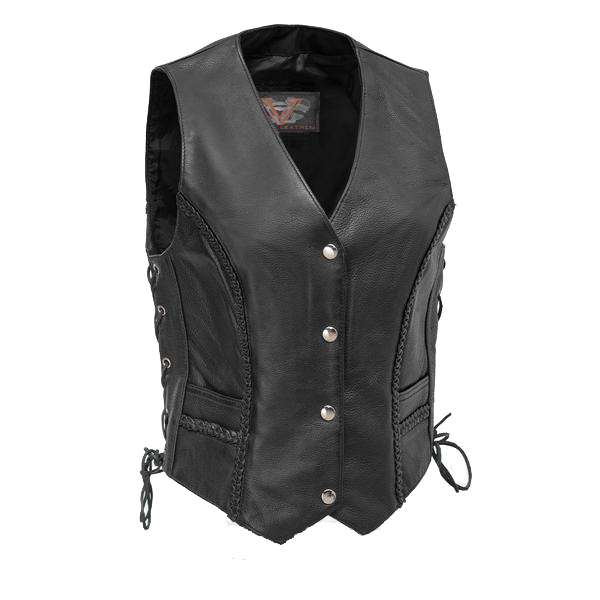Vance VL1051 Womens Black Braided Lady Biker Leather Motorcycle Vest
