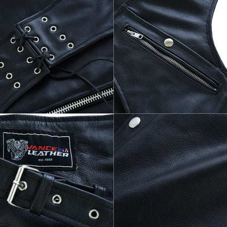Vance Leather VL811S Men and Women Black Four Pocket Biker Leather Motorcycle Chaps
