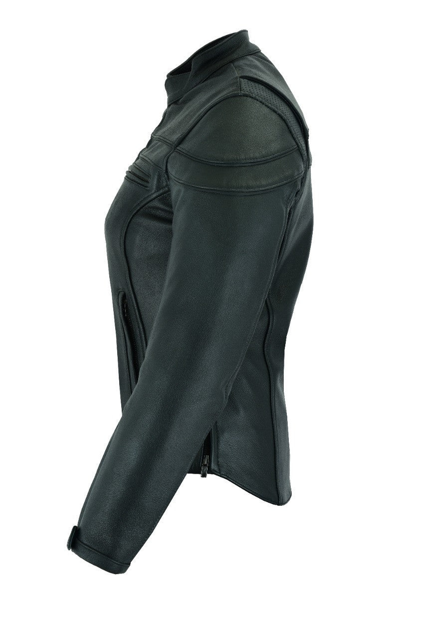 Vance Leather VL631 Women's Black Soft Cowhide Leather Sporty Scooter Crossover Biker Motorcycle Riding Jacket - Side