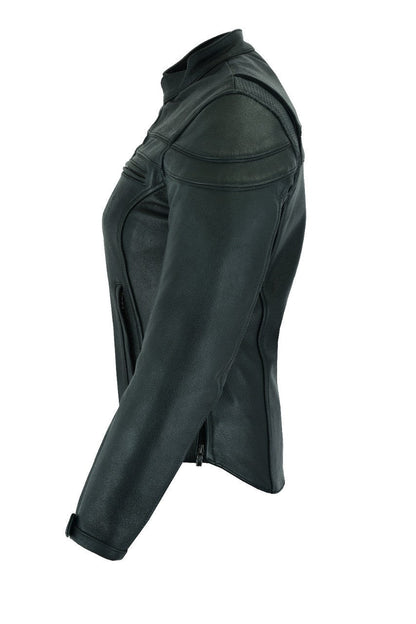 Vance Leather VL631 Women's Black Soft Cowhide Leather Sporty Scooter Crossover Biker Motorcycle Riding Jacket - Side