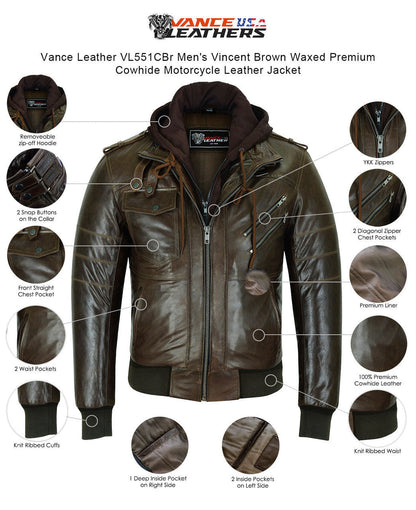 Vance Leather VL551Br Men's Vincent Brown Waxed Lambskin Motorcycle Leather Jacket - Info-graphics