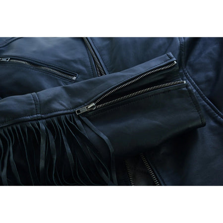 High Mileage HML704B Women's Fringe and Rivet Detail Premium Lightweight Black Leather Lady Biker Motorcycle Fashion Jacket - Detail -View