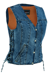 Womens-Blue-Denim-V-Neck-Vest-Snap-opening-side-laces-main