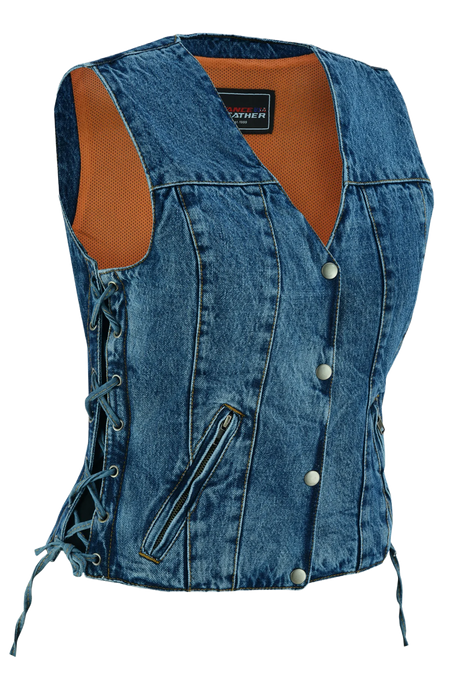 Womens-Blue-Denim-V-Neck-Vest-Snap-opening-side-laces-main