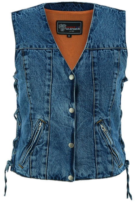 Womens-Blue-Denim-V-Neck-Vest-Snap-opening-side-laces-front