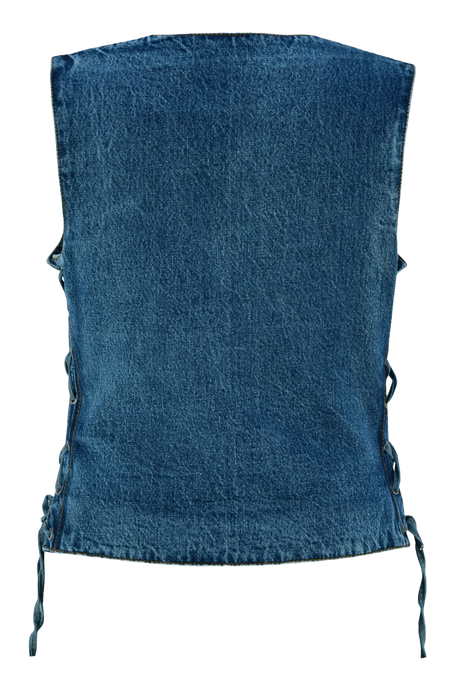 Womens-Blue-Denim-V-Neck-Vest-Snap-opening-side-laces-back