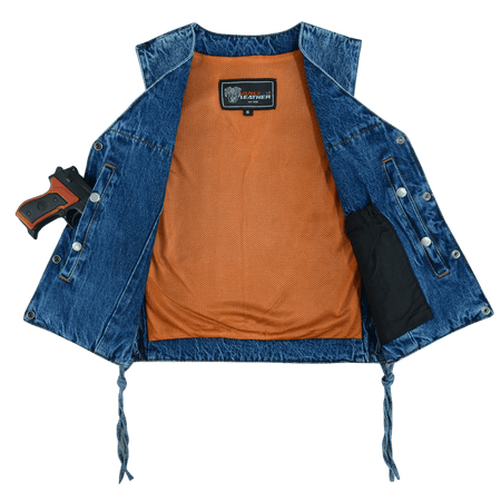 Womens-Blue-Denim-V-Neck-Vest-Snap-opening-side-laces-front-open