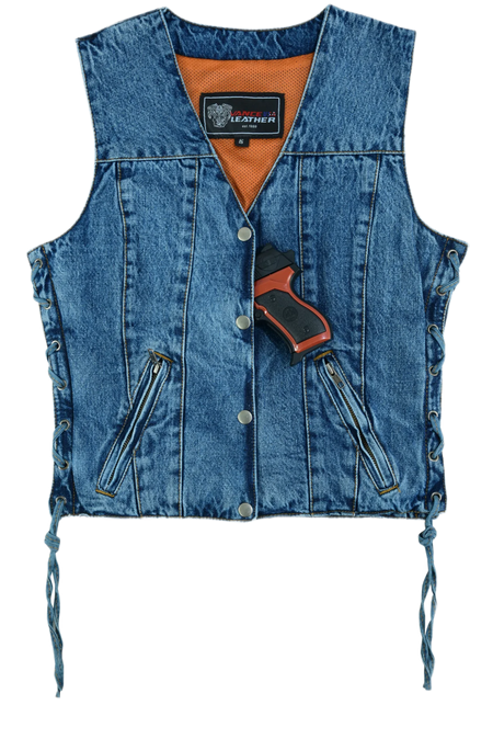 Womens-Blue-Denim-V-Neck-Vest-Snap-opening-side-laces-front