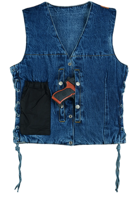 Womens-Blue-Denim-V-Neck-Vest-Snap-opening-side-laces-front