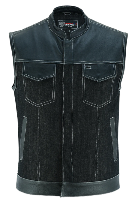 Mens-Denim-Leather-Vest-with-White-Stitching-front