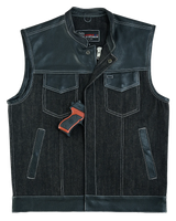 Mens-Denim-Leather-Vest-with-White-Stitching-front