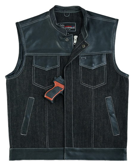 Mens-Denim-Leather-Vest-with-White-Stitching-front
