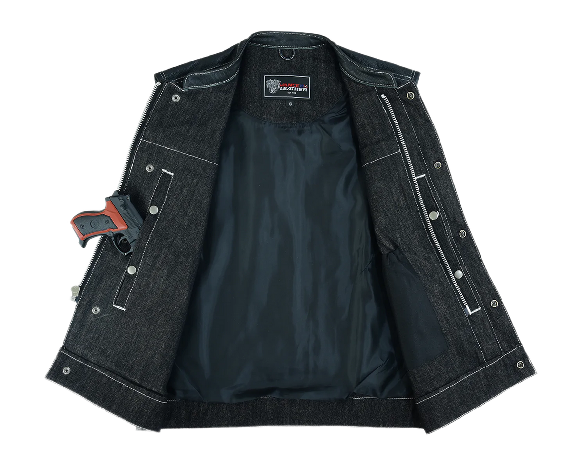 Mens-Denim-Leather-Vest-with-White-Stitching-open-front