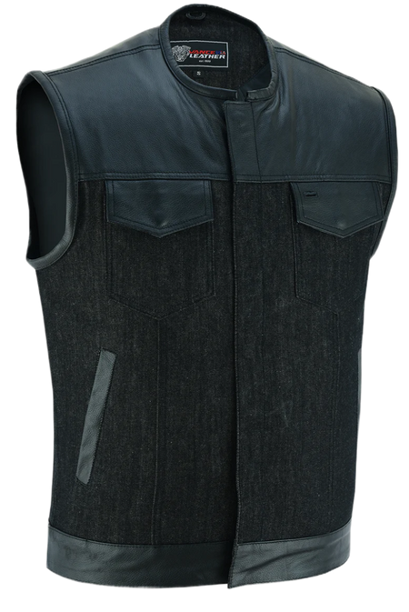 Mens-Collarless-Black-Denim-Leather-Vest-main