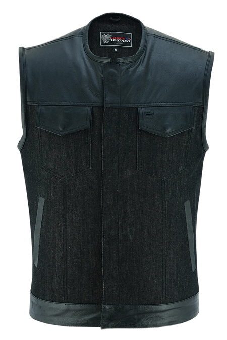 Mens-Collarless-Black-Denim-Leather-Vest-front