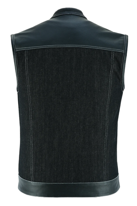 Mens-Collarless-Black-Denim-Leather-Vest-back