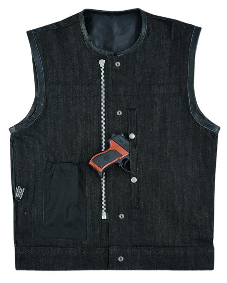 Mens-Collarless-Black-Denim-Leather-Vest-front