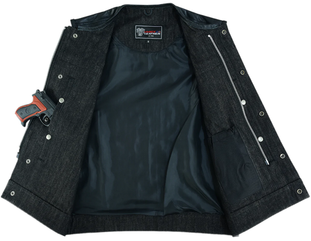 Mens-Collarless-Black-Denim-Leather-Vest-open-front