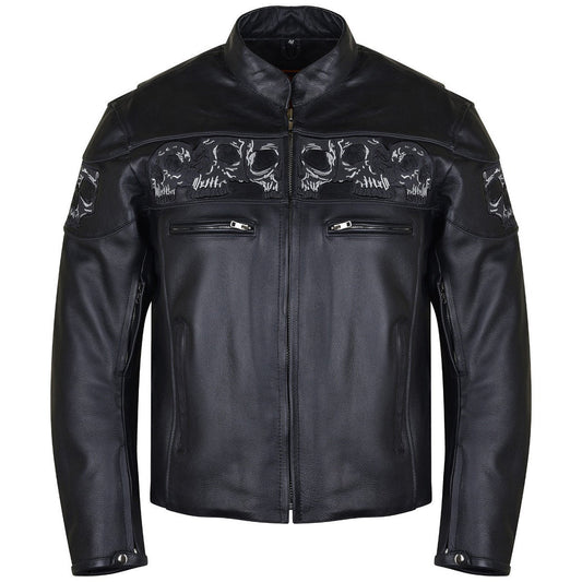 Vance VL535 Men's Black Reflective Skulls Premium Cowhide Leather Biker Motorcycle Riding Jacket - main