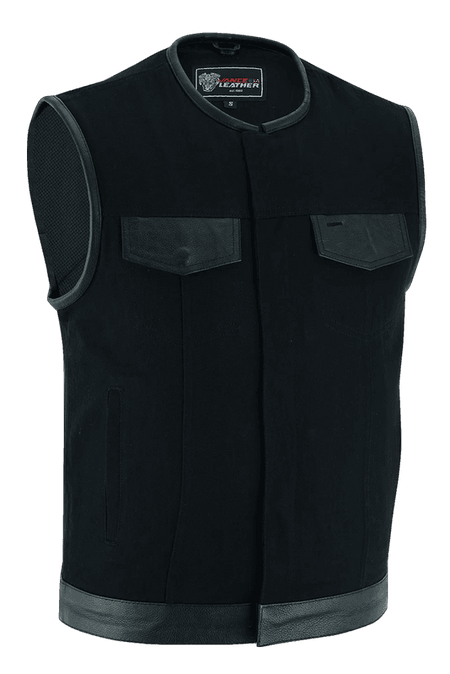 Denim-Black-Collarless-Club-Vest-Leather-trims-main